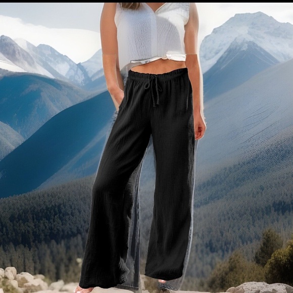 Linen Drawstring High Waisted Casual Loose Fit Wide Long Leg Stretchy Comfy Pant - Picture 11 of 16